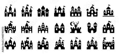 Collection of Black Castle Icons on White Background