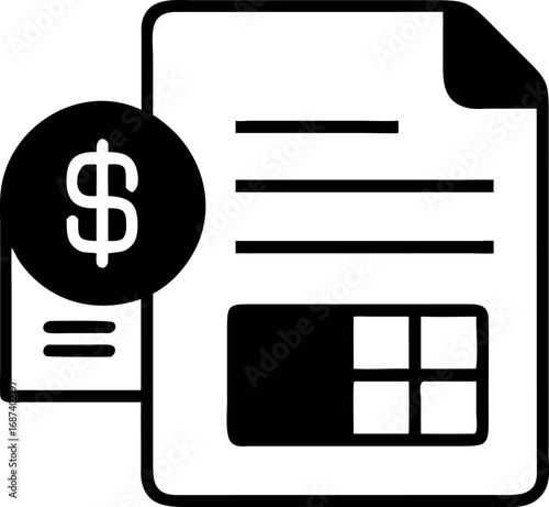 Financial document and dollar sign icon. Simple black and white vector illustration for concepts of billing, accounting, and budgeting