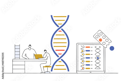 Scientists Studying DNA Helix and Genetic Data on a Tablet and Laptop science research
