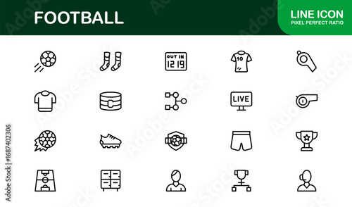 Football Line Icon Set – Professional Modern Vector Symbols for Sports Enthusiasts, Minimal Outline Icons for Club, League, and Tournament Designs