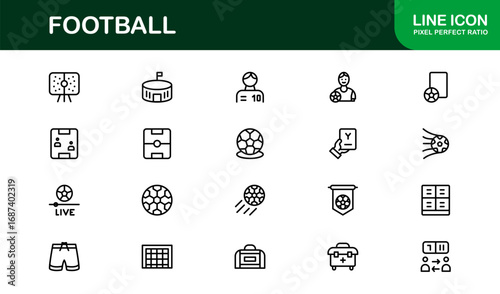 Football Line Icon Set – Professional Modern Vector Symbols for Sports Enthusiasts, Minimal Outline Icons for Club, League, and Tournament Designs