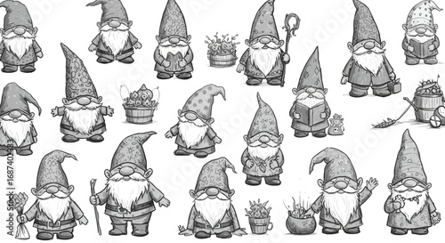 Whimsical Collection of Hand-Drawn Gnomes in Monochrome Illustration for Fairy Tales