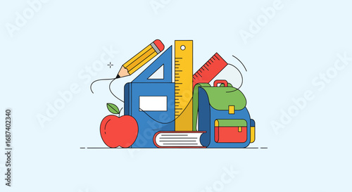 Educational Supplies and Tools Gathered on a Desk, Illustrative Graphic in a Bright Environment