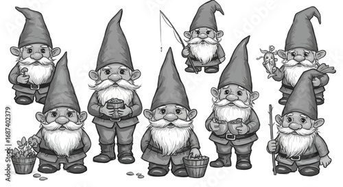 Monochromatic collection of whimsical garden gnomes with various accessories