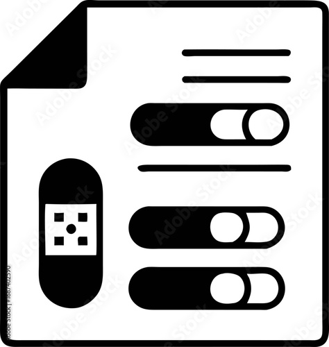 A solid black glyph icon illustrating a configuration document with user interface toggle switches and a scannable technology patch