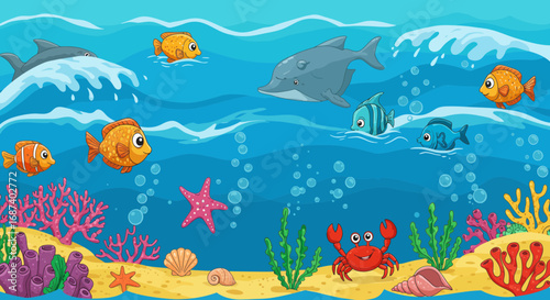 Underwater world full of marine life including fish, dolphin, coral reefs