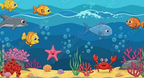 Underwater wonderland featuring cute cartoon sea creatures and colorful coral reefs