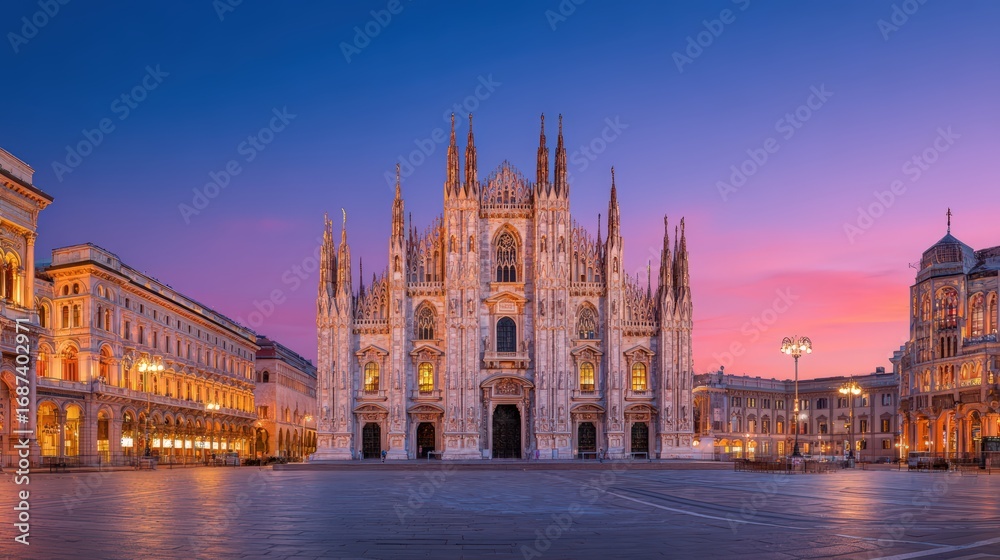 Fototapeta premium Beautiful panoramic view of Milan Cathedral du sunset with vibrant sky and historic architecture in Italy