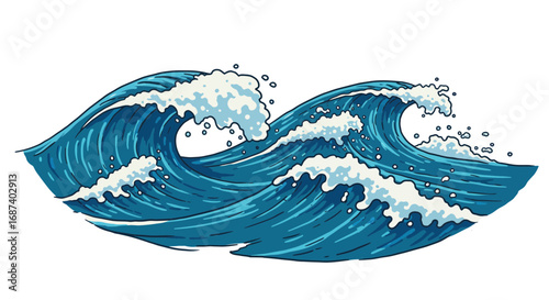 Illustrative blue ocean waves with white foam crests, stylized cartoon effect