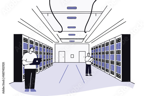 Two people in a server room with rows of computer racks and one person with a laptop technology data center
