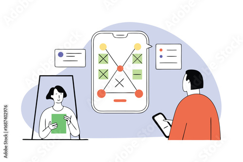 Two people interacting with a smartphone displaying a game or strategy board with icons and text