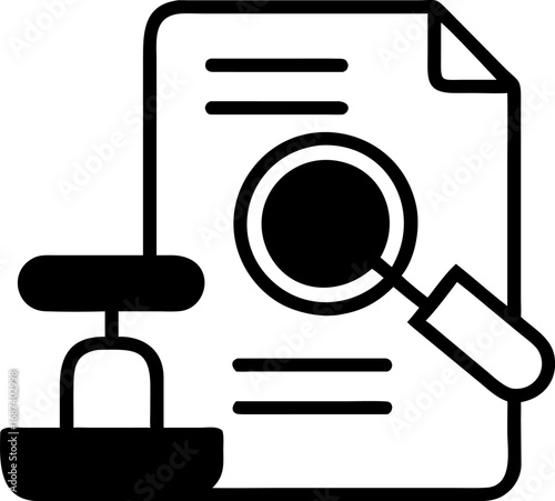 Vector line art icon representing legal document review, audit, and certification with a magnifying glass and an official rubber stamp