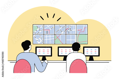 Two People Monitoring a Large Screen Displaying City Maps and Data control room surveillance