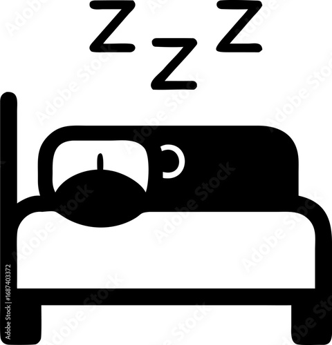 Vector icon of a person sleeping soundly in a comfortable bed. Black silhouette symbol of rest, bedtime, and relaxation 748.eps