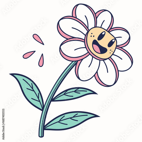 A cheerful cartoon daisy with a happy face and pink petals on a white background
