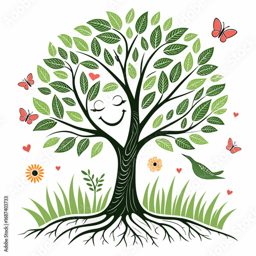 A happy smiling tree with roots leaves butterflies flowers and a bird in a meadow