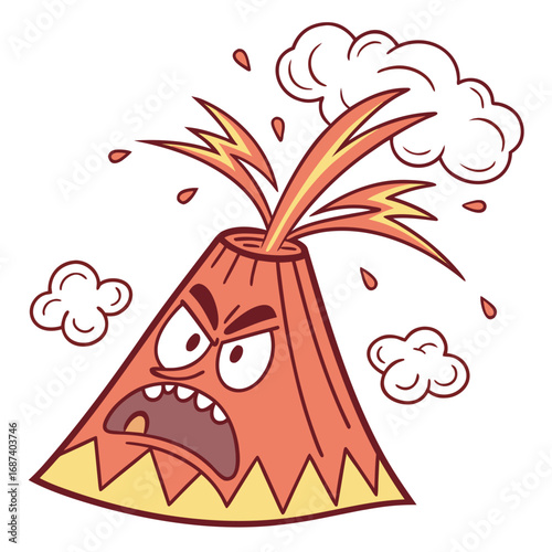 Angry cartoon volcano erupting with lava and smoke clouds on white background