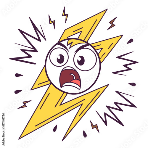 Cartoon lightning bolt character with a shocked and screaming face expressing intense emotion and energy