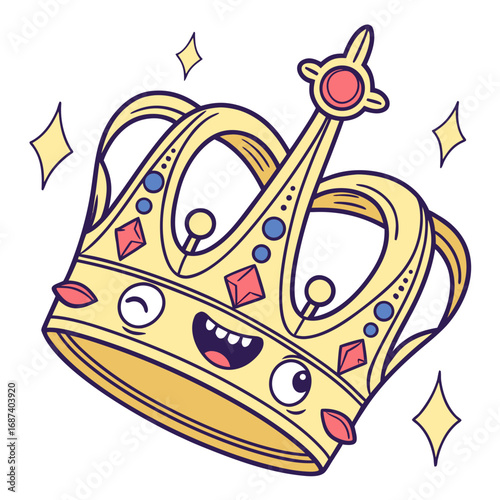 Cute cartoon gold crown with a happy face and sparkling stars on a white background