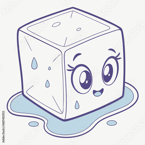 Cute cartoon ice cube character melting and dripping water with a happy expression