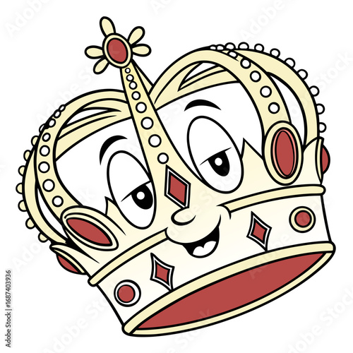Cute cartoon king crown character with a happy face and jewels
