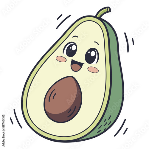 Cute happy avocado character with big eyes and a smile cartoon illustration
