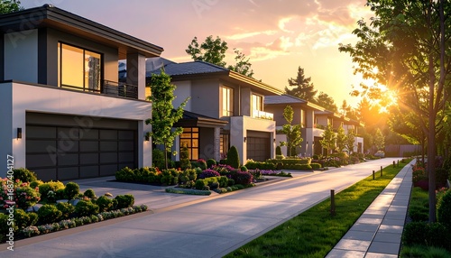 Vecindario moderno con casas de lujo y jardines cuidados al atardecer