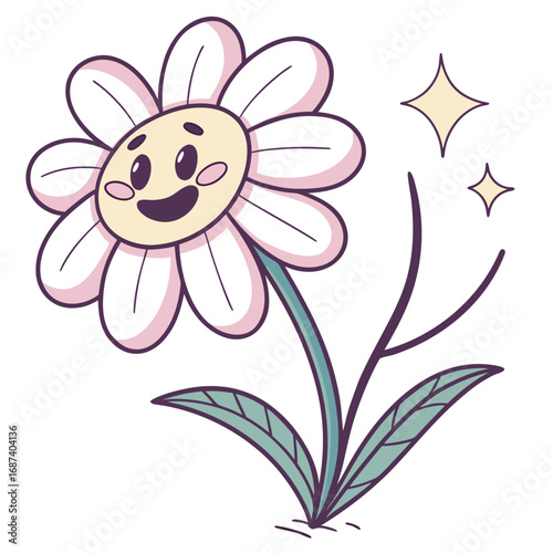 Cute happy cartoon daisy flower with a smiling face and sparkling stars