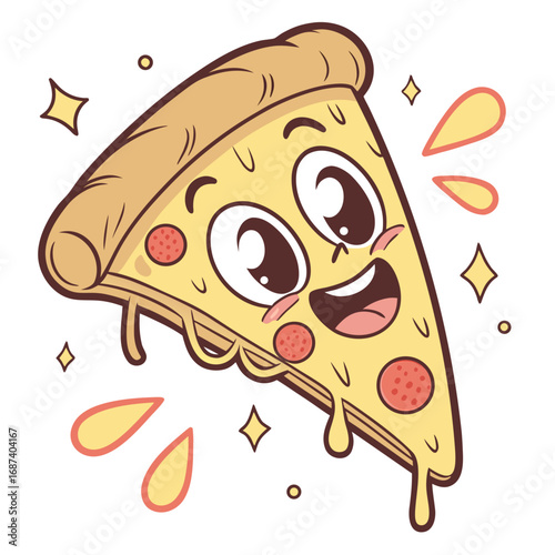 Cute happy slice of pepperoni pizza with melting cheese and sparkling stars