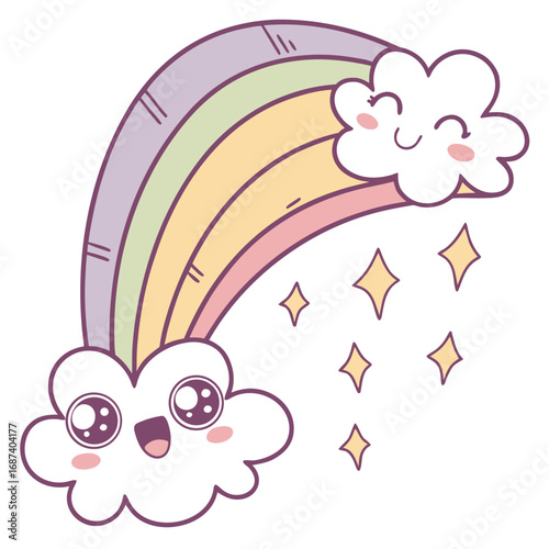 Cute kawaii rainbow with happy clouds and sparkles illustration for children