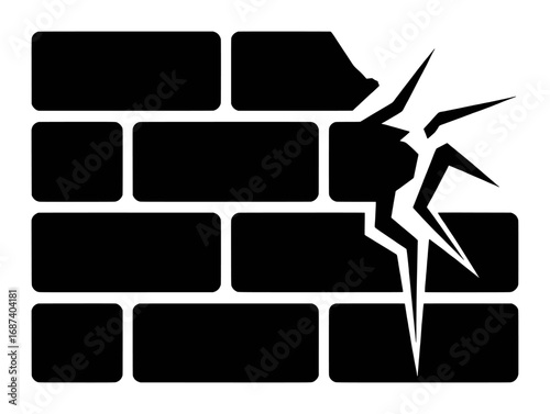 Cracked Black Brick Wall Icon with Sharp Jagged Break