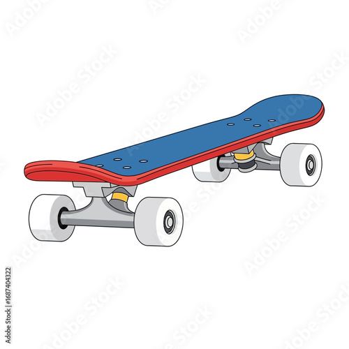 Cartoon Skateboard with Blue Deck and Red Edges on White Background