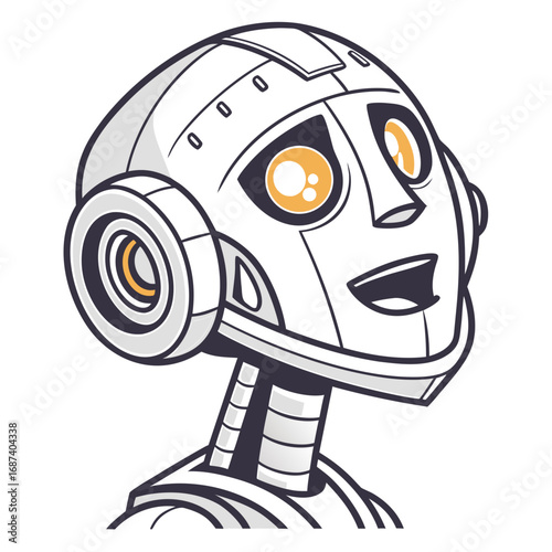 Friendly cartoon robot head with large expressive orange eyes and a wide smile