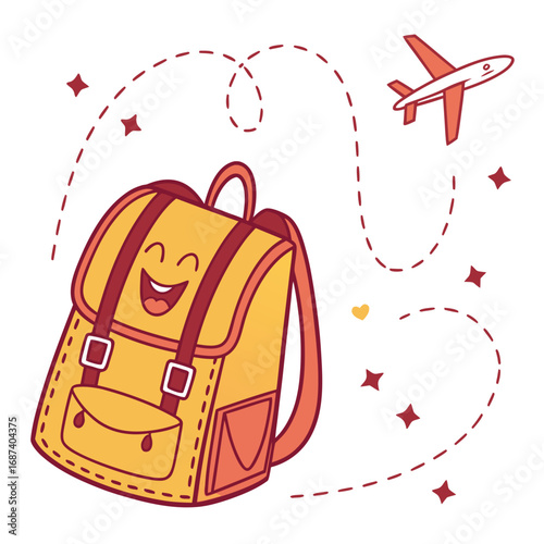 Happy cartoon backpack with a smiling face and an airplane flying on a dashed line path