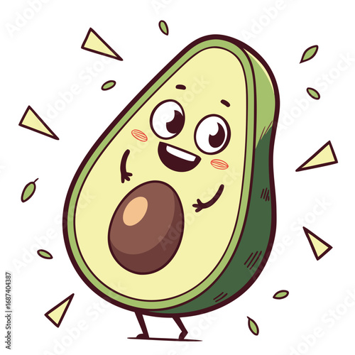 Happy cartoon avocado character with arms and legs smiling and waving