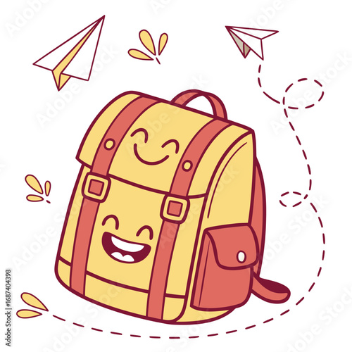 Happy cartoon backpack with smiling face flying with paper airplanes and dashed lines