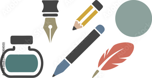 Writing Tools Illustration Ink Bottle, Quill, Ballpoint Pen, Pencil, and Colored Circle