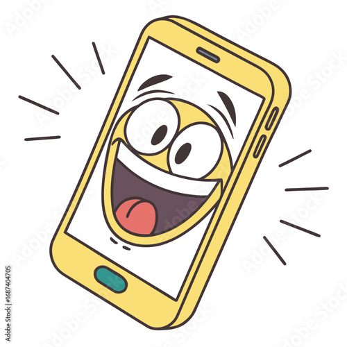 Happy cartoon smartphone character with a big smile and laughing eyes on white background