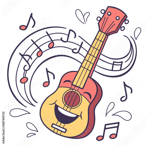 Happy cartoon ukulele character playing music with cheerful notes and musical staff