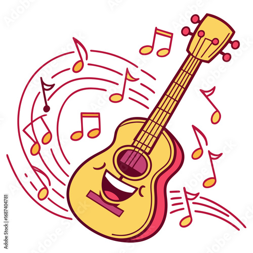 Happy cartoon ukulele with musical notes and sound waves celebrating music