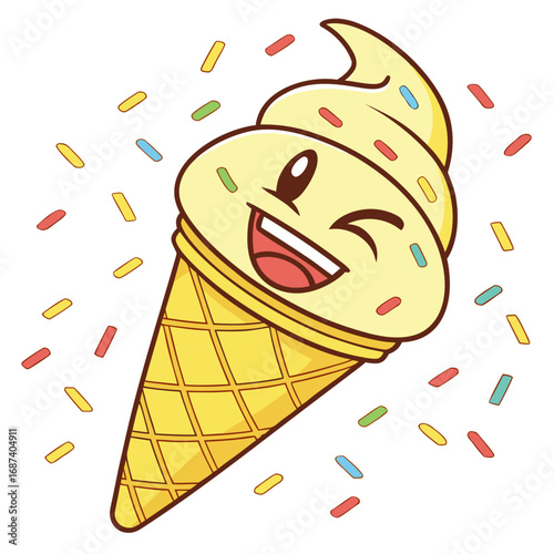 Happy winking ice cream cone character with colorful sprinkles falling down