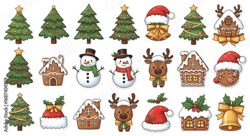 Cute Cartoon Christmas Stickers Set on Transparent Background for Holiday Mockups and Creative Designs