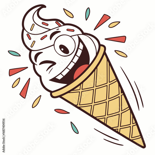 Joyful cartoon ice cream cone character with sprinkles and confetti celebrating a happy moment