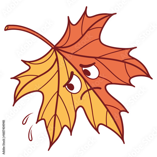 Sad autumn leaf character with drooping mouth and tear drops falling