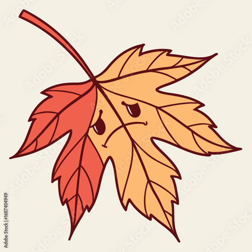 Sad autumn maple leaf character with tears falling down its face