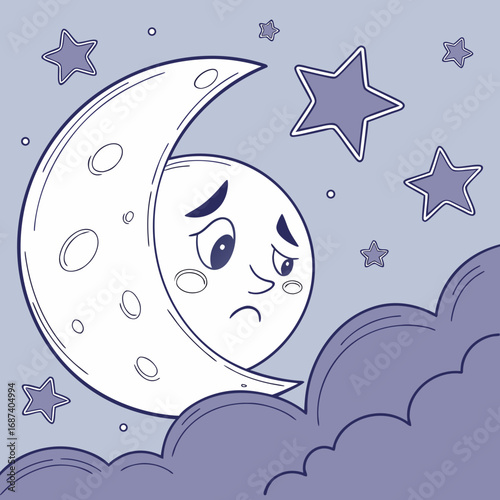Sad crescent moon character with stars and clouds in a night sky illustration