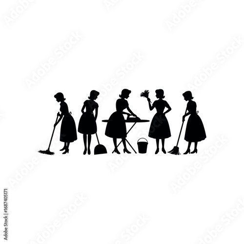 Five black silhouette women in vintage dresses cleaning with mops brooms and dusters retro