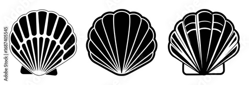 Three Black and White Scallop Shell Icons on a White Background