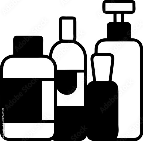 Simple black and white silhouette illustration of various cosmetic bottles, ideal for beauty, skincare, and hygiene product promotion