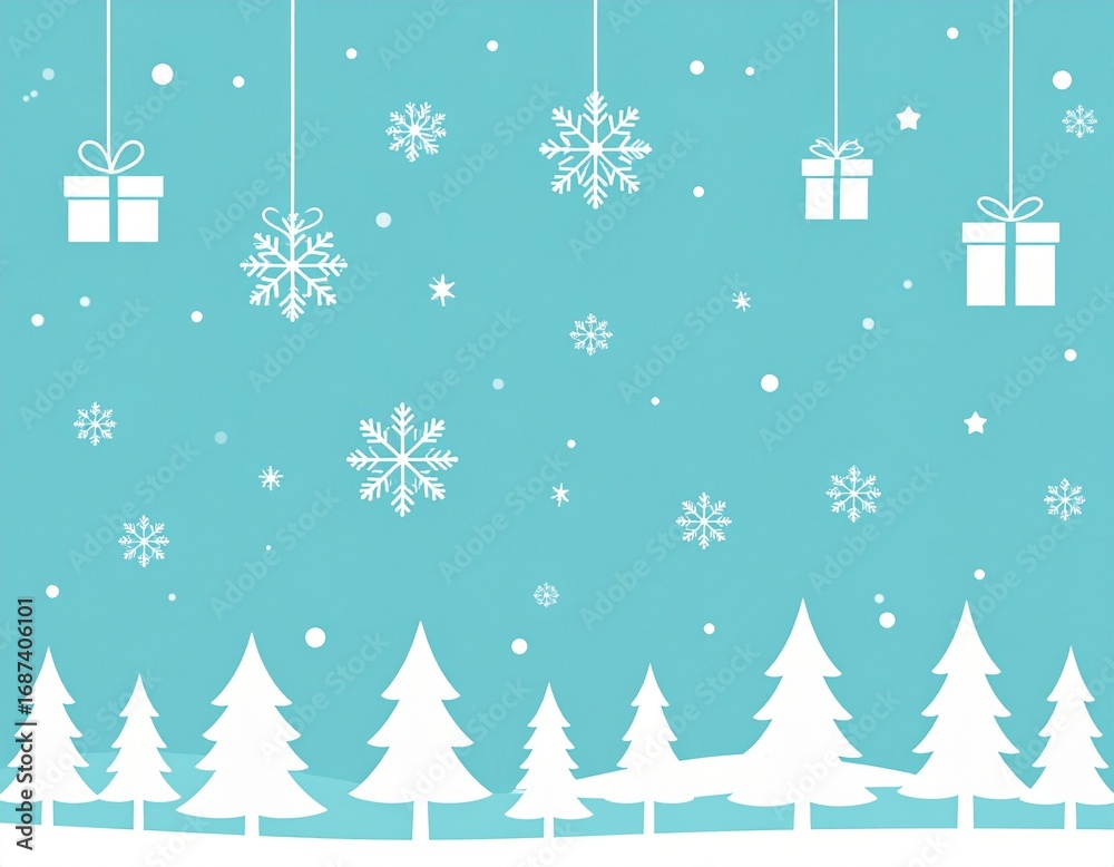 Naklejka premium Flat design Christmas background template with snowflakes, gift boxes, Christmas trees, reindeer, stars, and festive decorations. Minimalist winter holiday illustration for greeting cards or posters